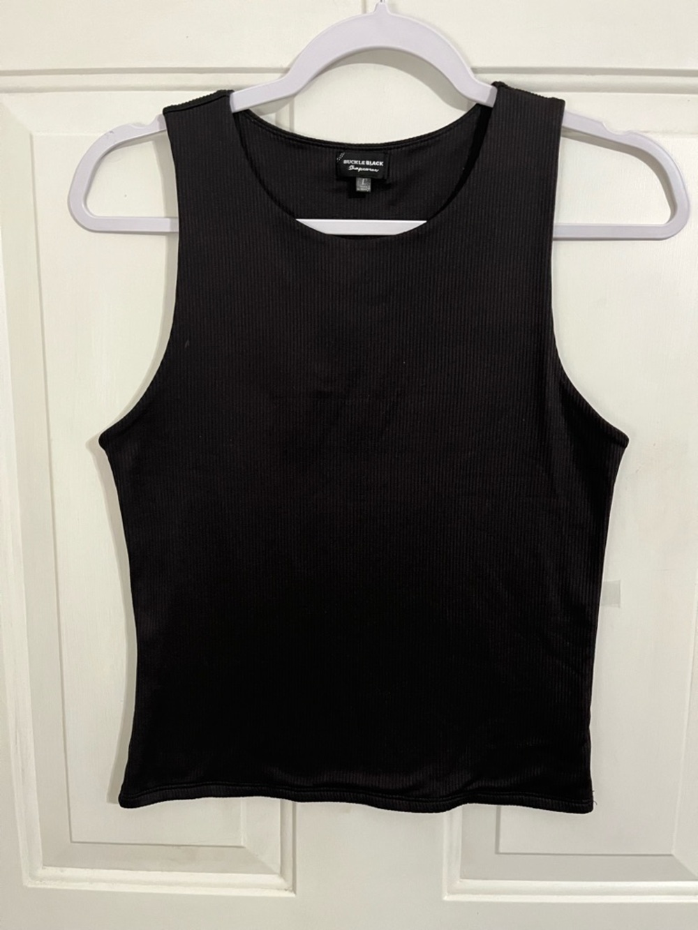 Buckle Black Ribbed Tank with High Crew Neck
